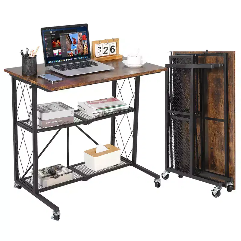 Foldable Rolling Desk 31.5 Inch with Wheels, No Assembly 3 Tier Metal Wire Shelf Cart, Portable Computer Table with Lockable Casters for Kitchen Livi