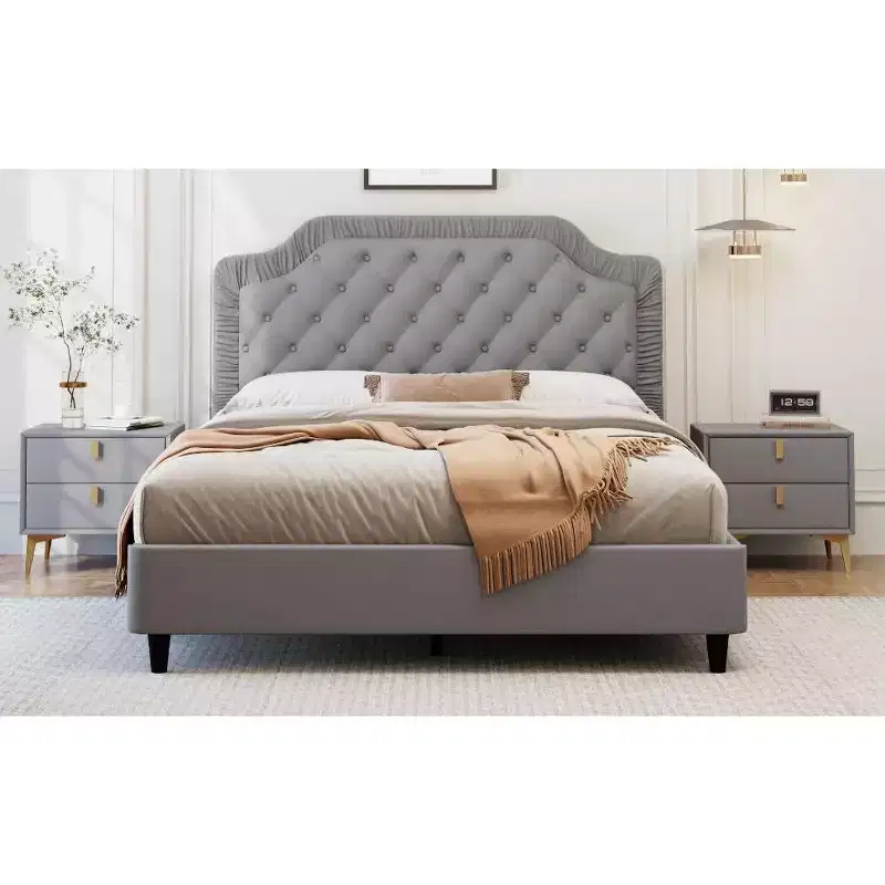 Okak Elegant Full/Queen/King Velvet Platform Bed Frame with Upholstered, Ruched Button Tufted Headboard Wood Slats No Box Spring Needed Easy Assembly