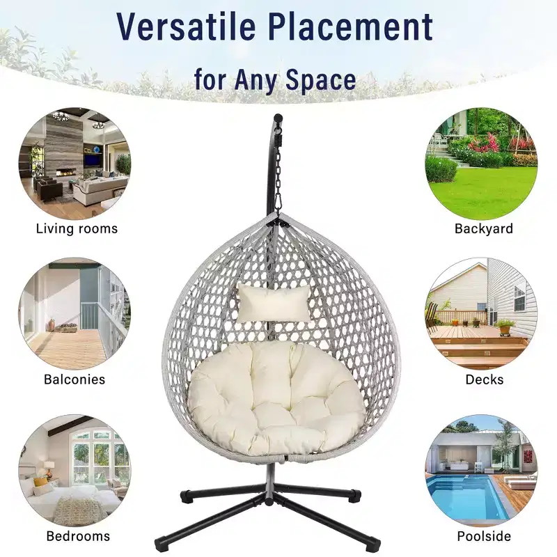 GDFStudio Anderson Hanging Egg Rattan Chair with Stand and Soft Removable Cushion