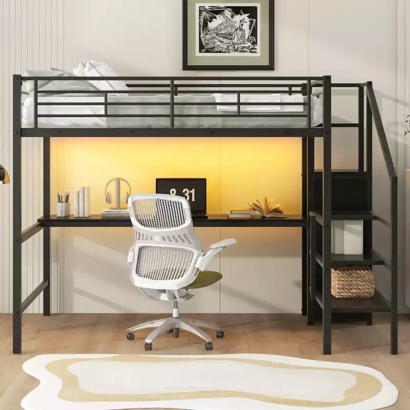 Full Size Metal Loft Bed with Desk, Storage Staircase & Built-in Wardrobe