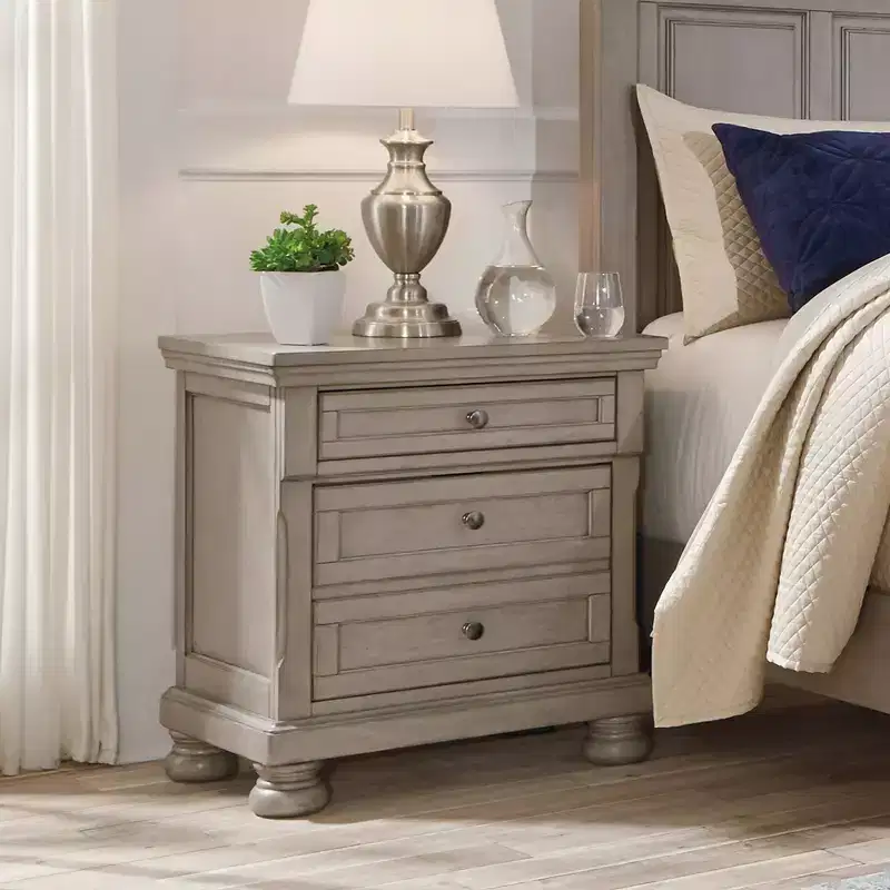 Two Drawer Nightstand Light Gray – Inlaid Panels, Bun Feet, Silvertone Hardware