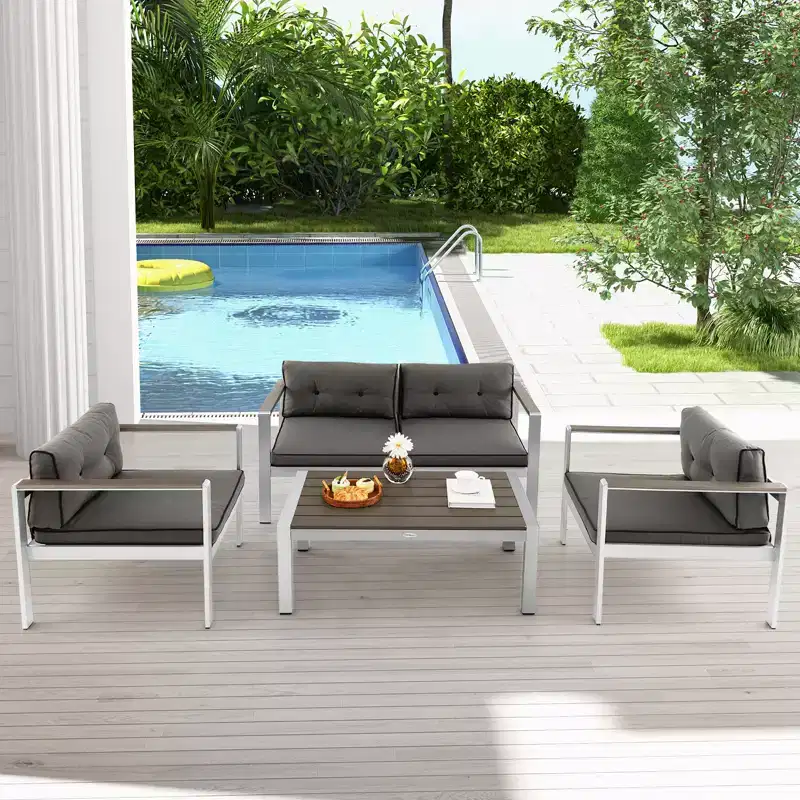 Costway 4 PCS Patio Aluminum Sofa Set Coffee Table Cushioned Loveseat Chair WPC Armrests