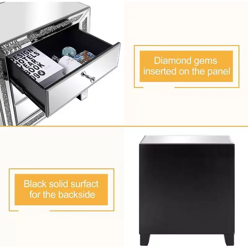 Karl Home Silver Mirrored MDF Nightstand 3 Drawers Crystal Trim 23x13.8x24.8 Inch