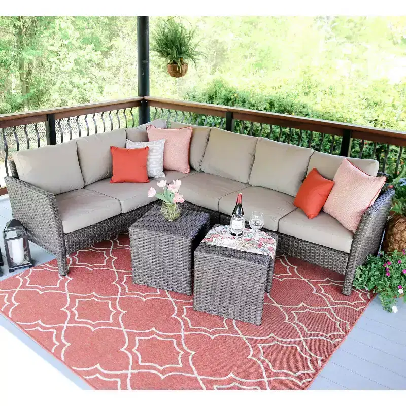 Leisure Made Canton 6pc Wicker Sectional in Tan Fabric