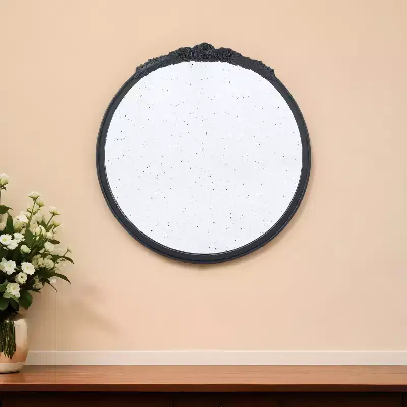 30 Black Crowned Top Antiqued Glass Round Framed Accent Mirror