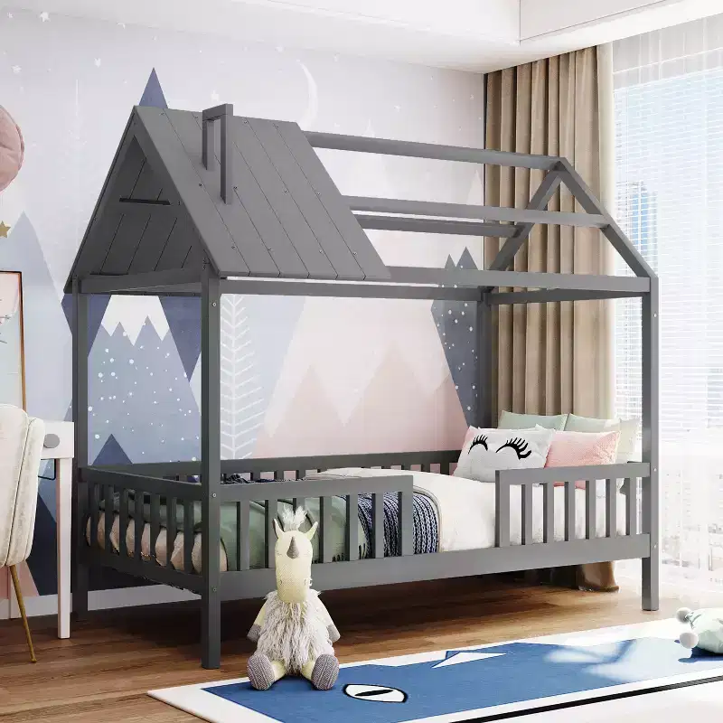 Twin Size Solid Wood House Bed Frame with Safety Fence for Kids