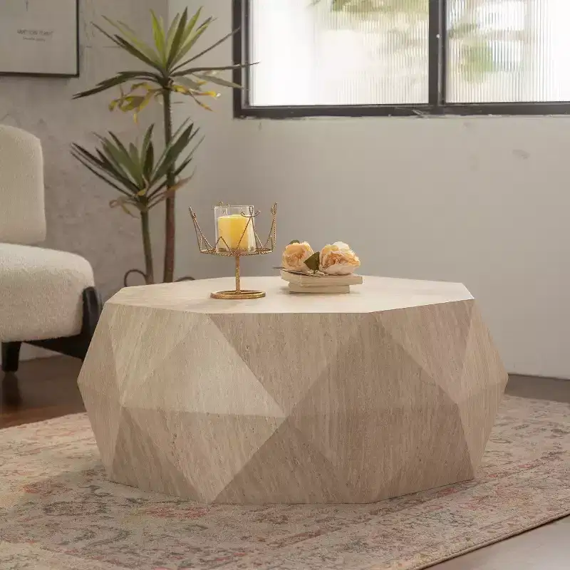 Modern Octagon Drum Coffee Table, Fir Wood Grain Center Table for Living Room, Apartment or Office, Farmhouse Geometric Accent Table - Panipeachy