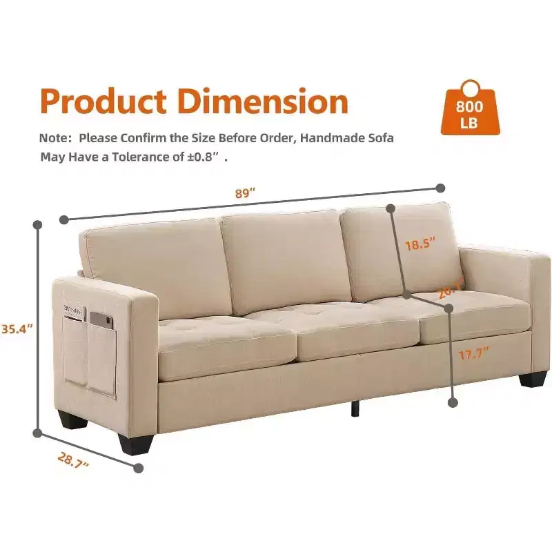 89 Beige 3-Seater Chenille Sofa with Wide Armrest, Removable Headrest and Side Storage Pockets, for Living Room and Bedroom