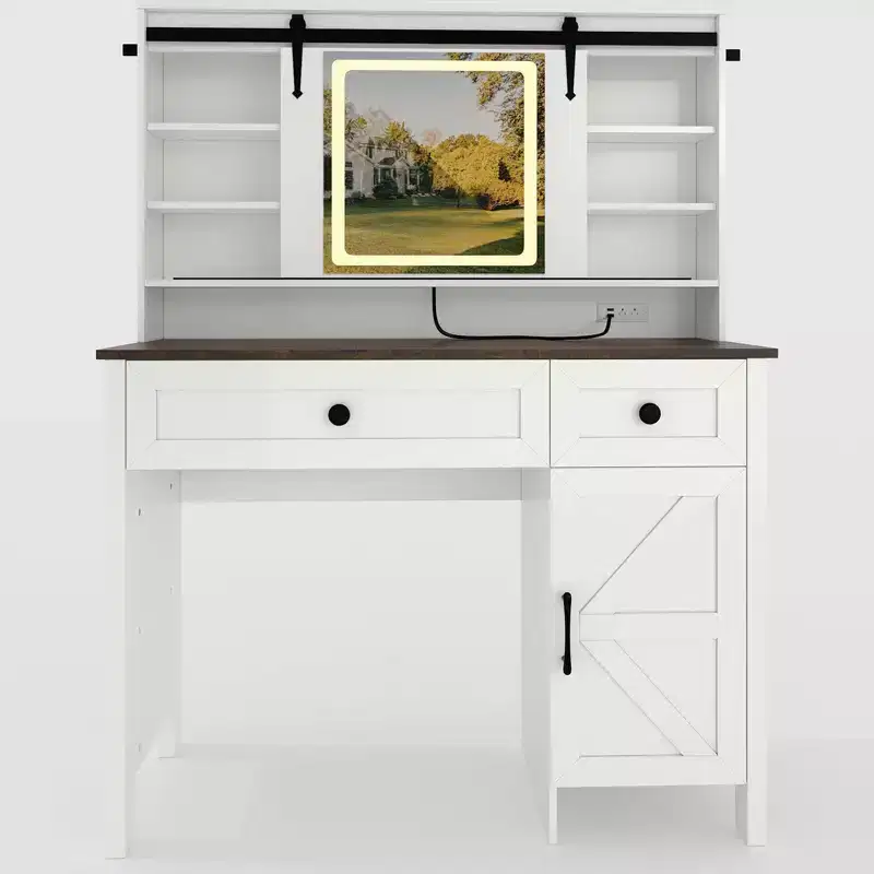 GustoWave Vanity Desk with Mirror, Modern White Makeup Table with Drawers & Storage Stool, Dressing Table for Bedroom, Spacious and Stylish Organizer