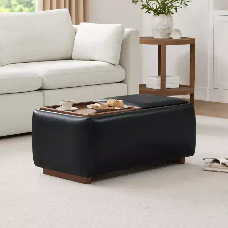 Rectangle Storage Ottoman Bench with Wooden Tray