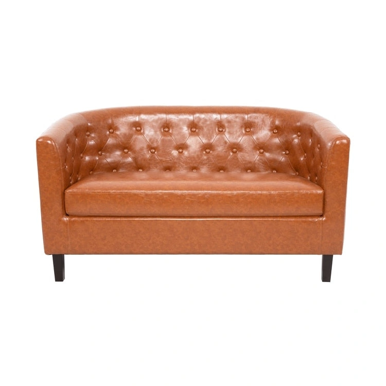 Midcentury Modern Button Tufted Faux Leather Barrel Loveseat - Comfy Tub Loveseat Sofa