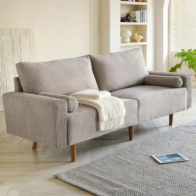 Mid-Century Modern Upholstered Sofa Couch with Rolled Pillows