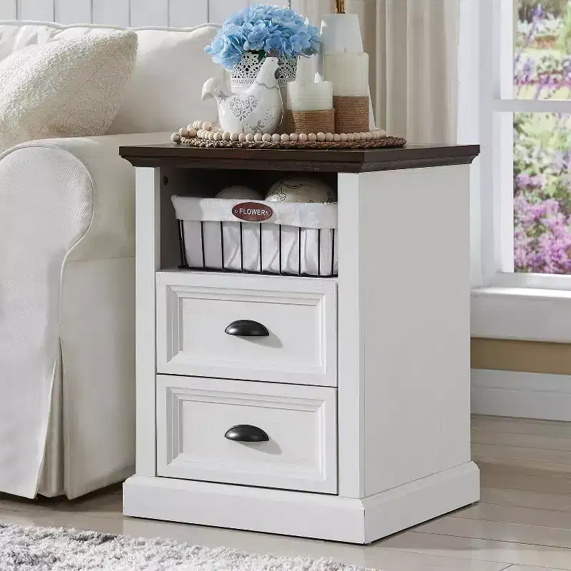 Farmhouse Nightstand with Charging Station & 2 Drawers – 21.3