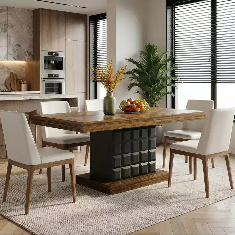 63 Modern Geometric Dining Table, Brown MDF Top Cubed Black Base Kitchen Table