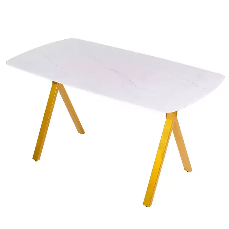 GDFStudio Daniela Modern Tempered Glass Rectangular Dining Table with Marble Design and Metal Legs