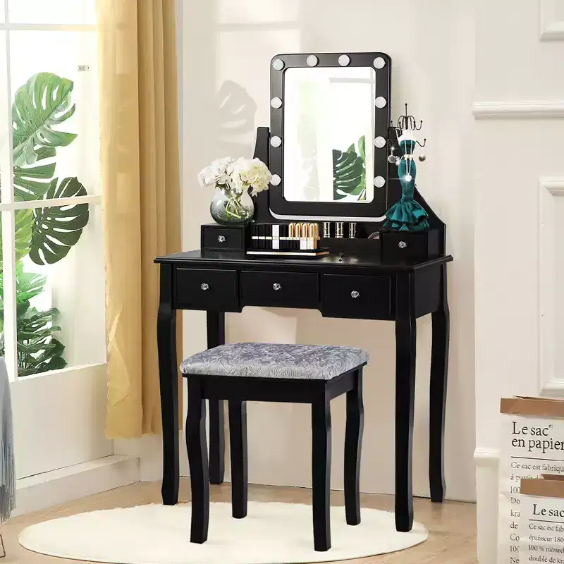 Costway Vanity Dressing Table Set w/ 10 Dimmable Bulbs Touch Switch Cushion Stool White\Black\Brown