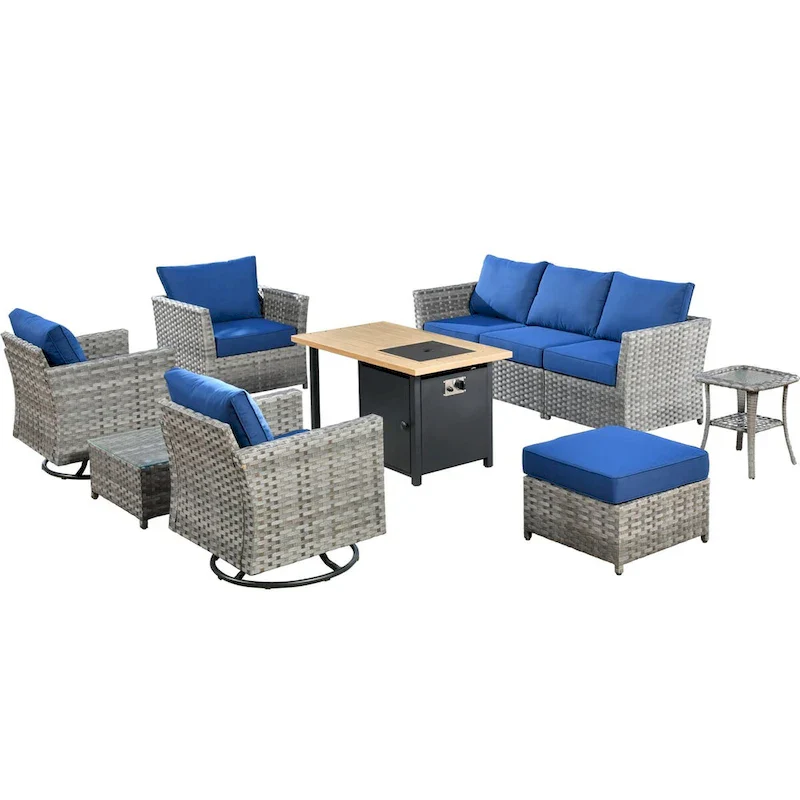 OVIOS 10-Piece Patio Wicker Conversation Rocking Chair Set With Fire Table