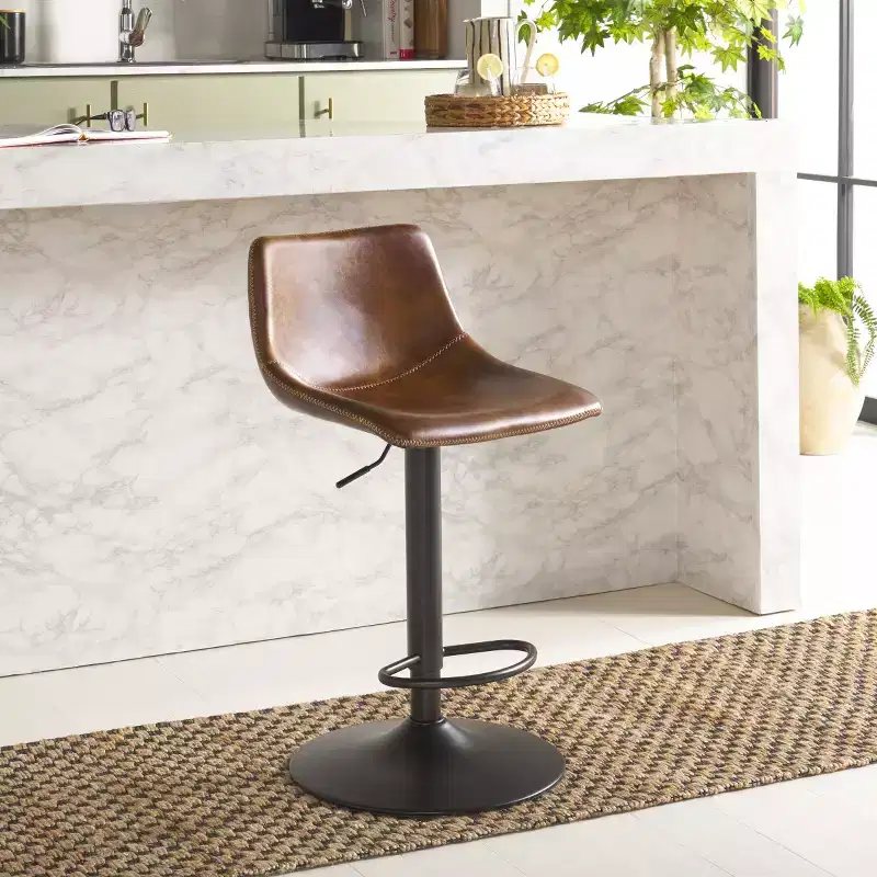 Adjustable Bar Stool, Iron Frame, PU Leather Seat, 360° Swivel, Footrest, 275LBS