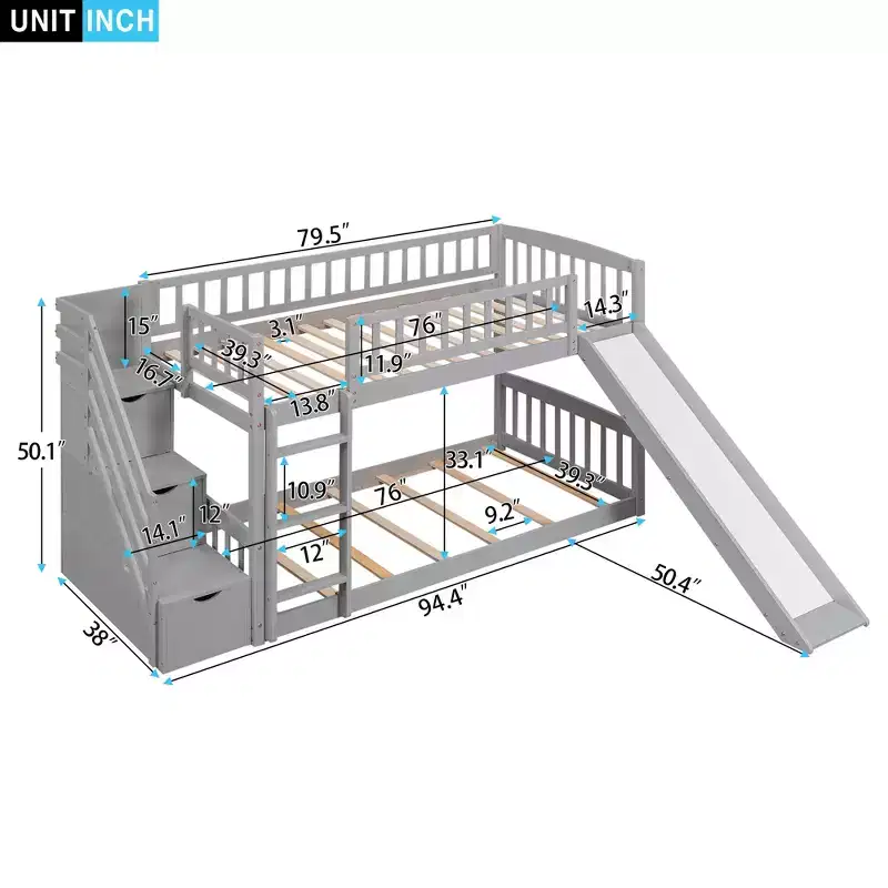 Kids Bunk Bed Twin over Twin Wooden Floor Bunk Bed with Slide and Storage Stairway