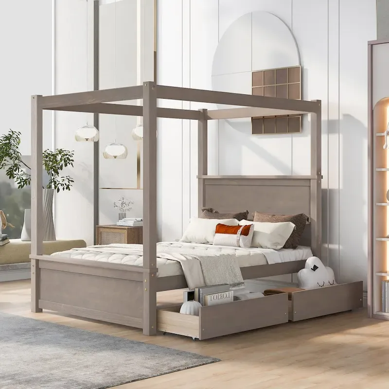 Full Size Wood Canopy Platform bed With Two Drawers