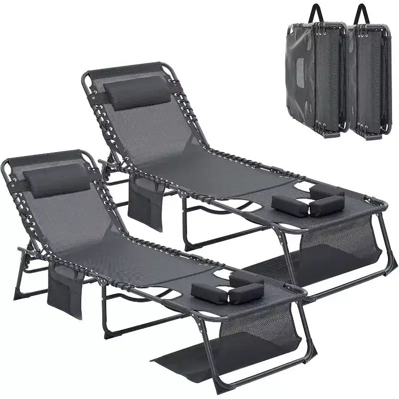 MooxvMoo 2PCS Tanning Chair with Face Hole, Folding Beach Chaise Lounge Chair with Carrying Handle, Side Pocket, 5-Position Adjustable, Black