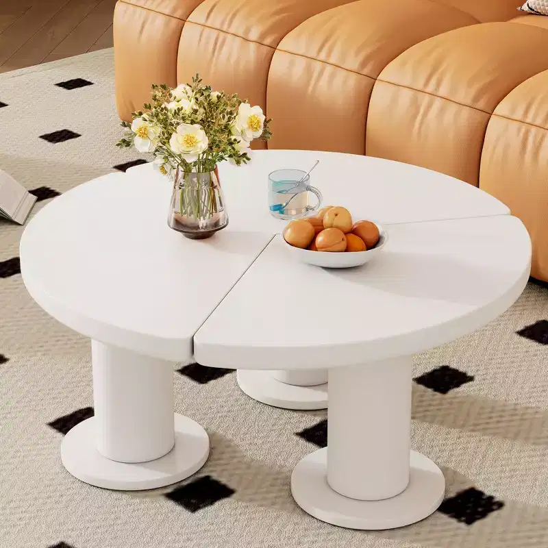 Round Petal-Shaped Coffee Table, Cream Style Center Table with 3 Thick Legs, Minimalist Irregular End Table with Sleek Round Edges