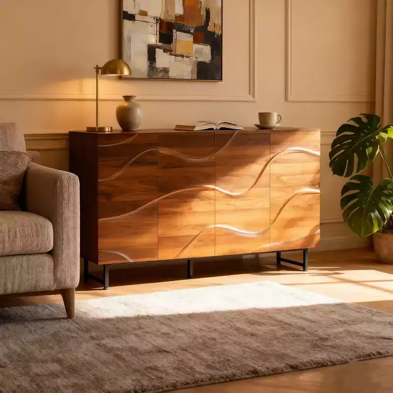 59 Modern Solid Wood Sideboard with Wave Relief & Iron Legs