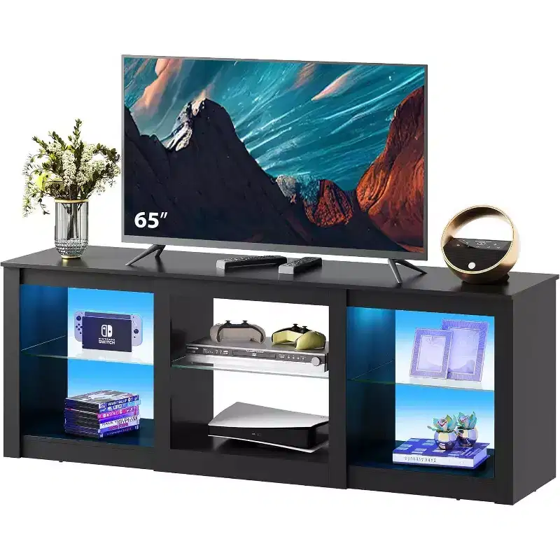 White TV Stand with LED Lights for TVs up to 65 Inch, Entertainment Center with Glass Shelves