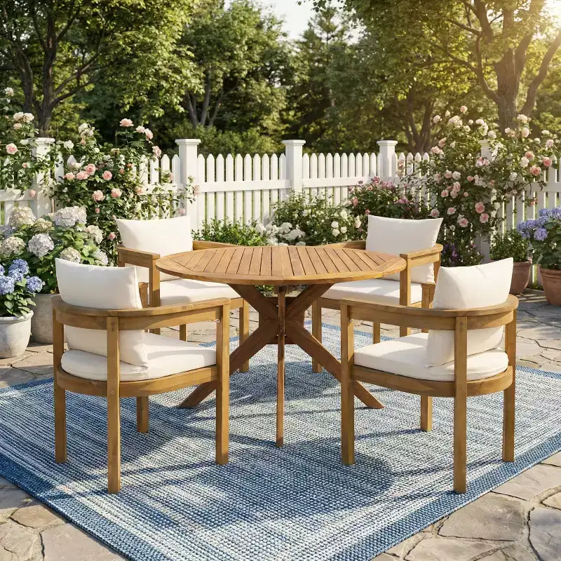 Christopher Knight Home Zariah 5 Piece Patio Rustic Acacia Wood Dining Set with Cushions and Slatted Table