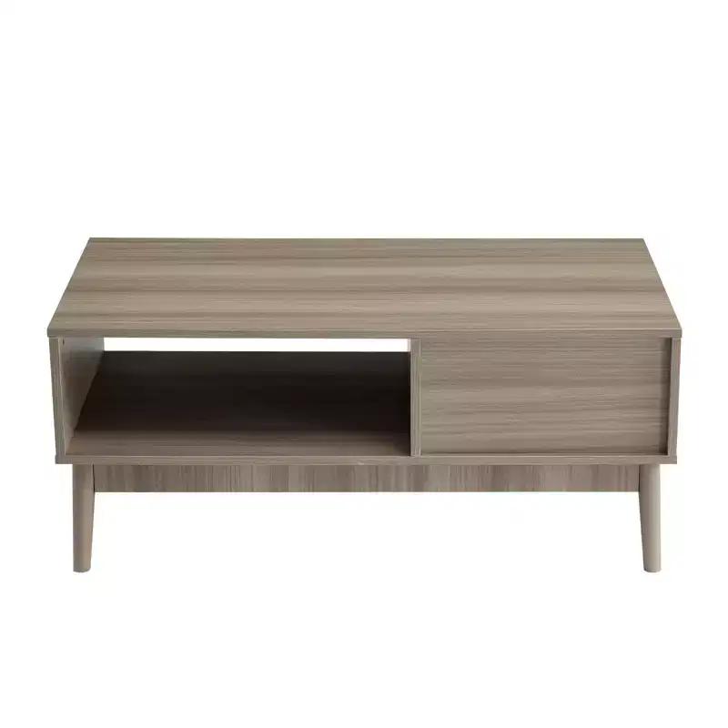 39.4 Modern Farmhouse Coffee Table C Natural Wood, Rustic Fluted MDF Design with Open Shelf & Drawer Storage C Perfect for Living Room (1-Pack)