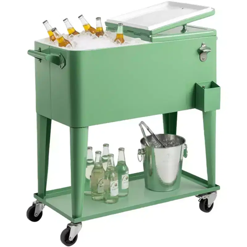 80 Quart Rolling Ice Chest Portable Bar Drink Cooler with Catch Basin, Bottom Storage Tray for Patio Party BBQ Beach, Green