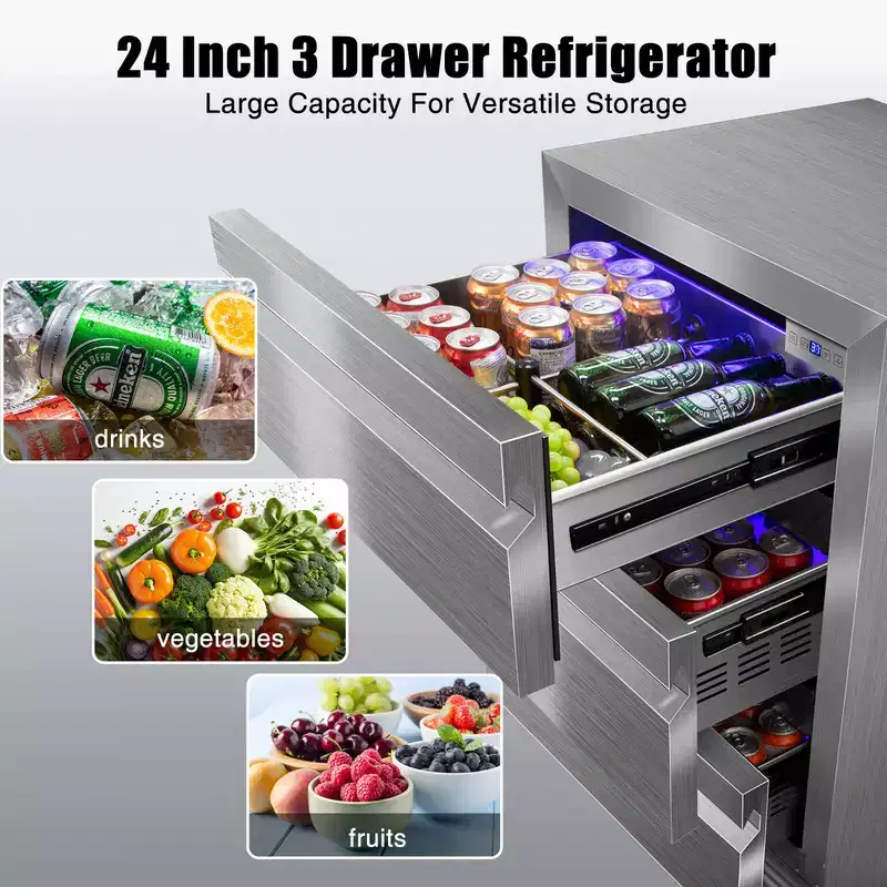 Hooure 3-Drawer Outdoor Beverage Cooler - 24-Inch Weatherproof Stainless Steel Refrigerator