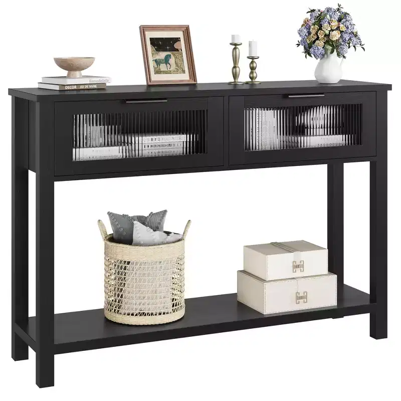 Entryway Table, Wood Console Table with 2 Glass Drawers, 2 Tier Sofa Table with Storage for Living Room, Foyer Tables for Entryway-Black