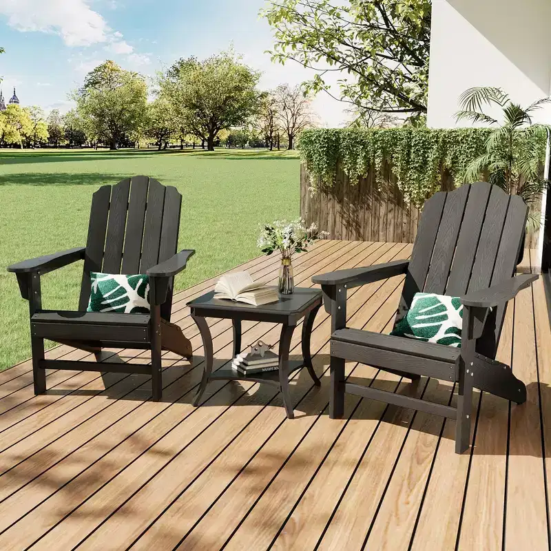 2-Pack Wood Grain Folding Adirondack Chairs, Weather-Resistant Plastic Outdoor Patio Chairs with Cup Holder & Wide Armrests, Ideal Lawn Chairs