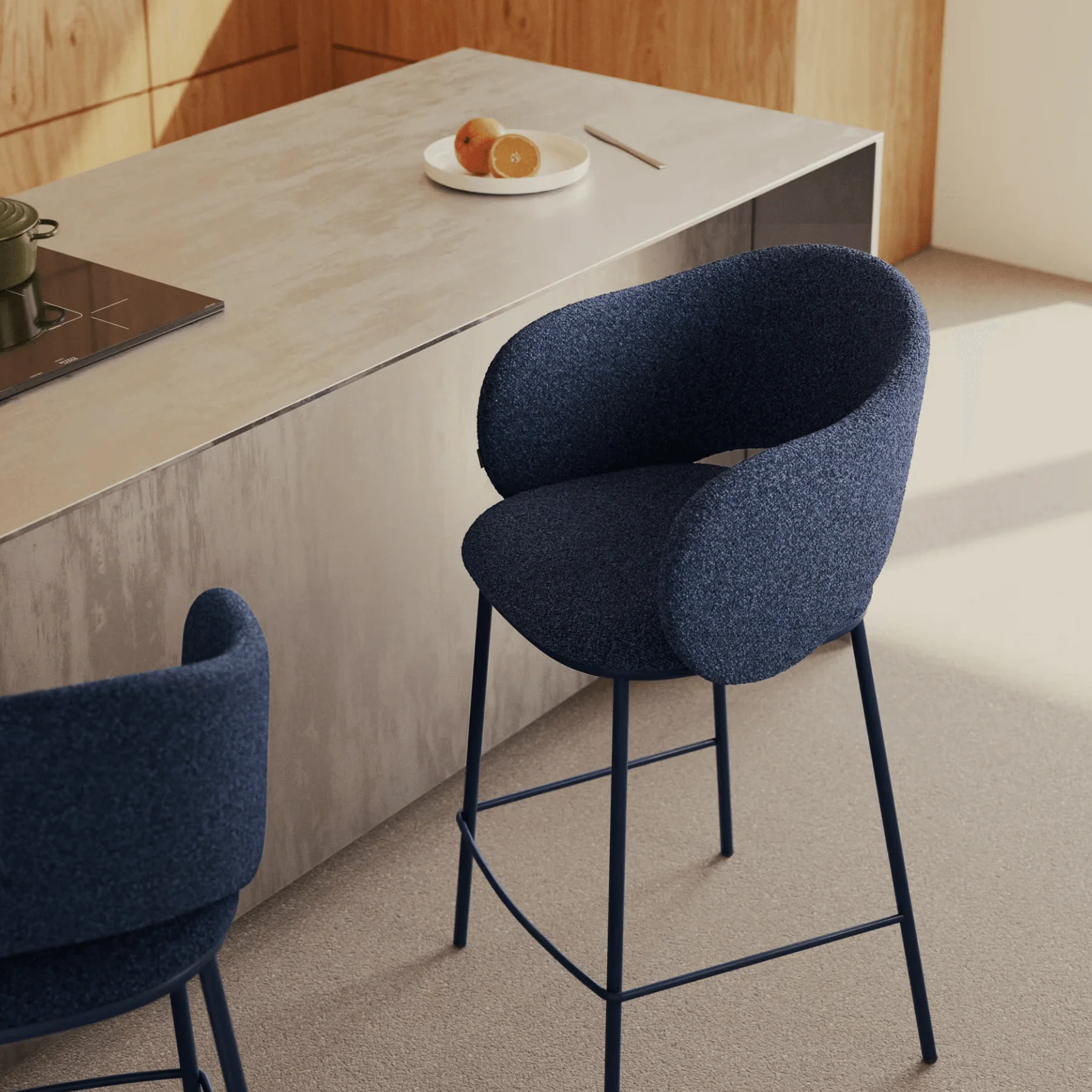 Modern Navy Chenille Barstool with High Density Foam and Curved Back for Kitchen