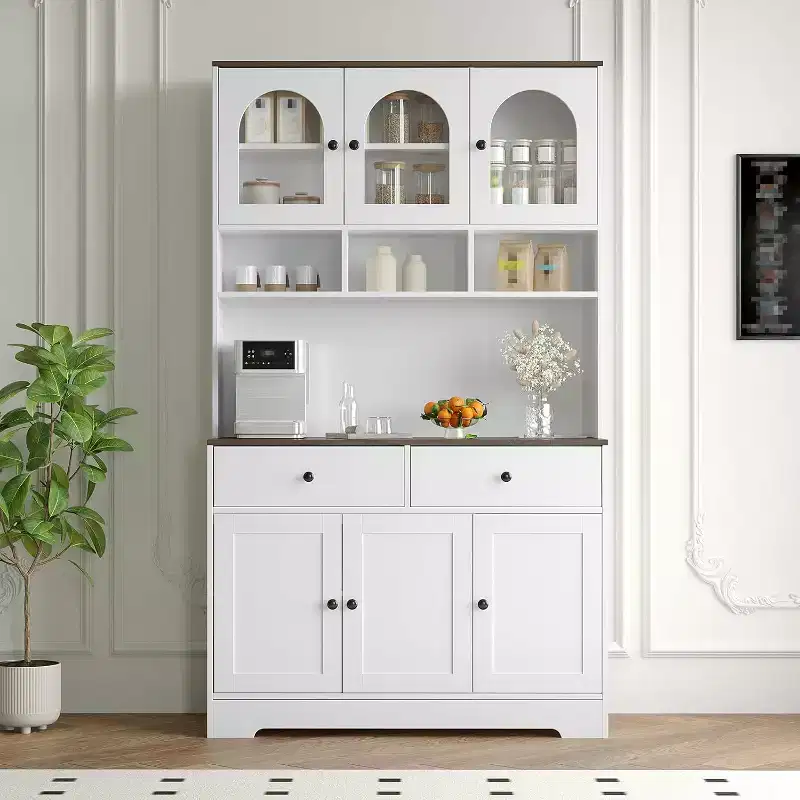 GustoWave Farmhouse Kitchen Pantry Cabinet, 71 Tall Food Storage Hutch with Open Shelves, Countertop & Glass Door Display for Dining Room