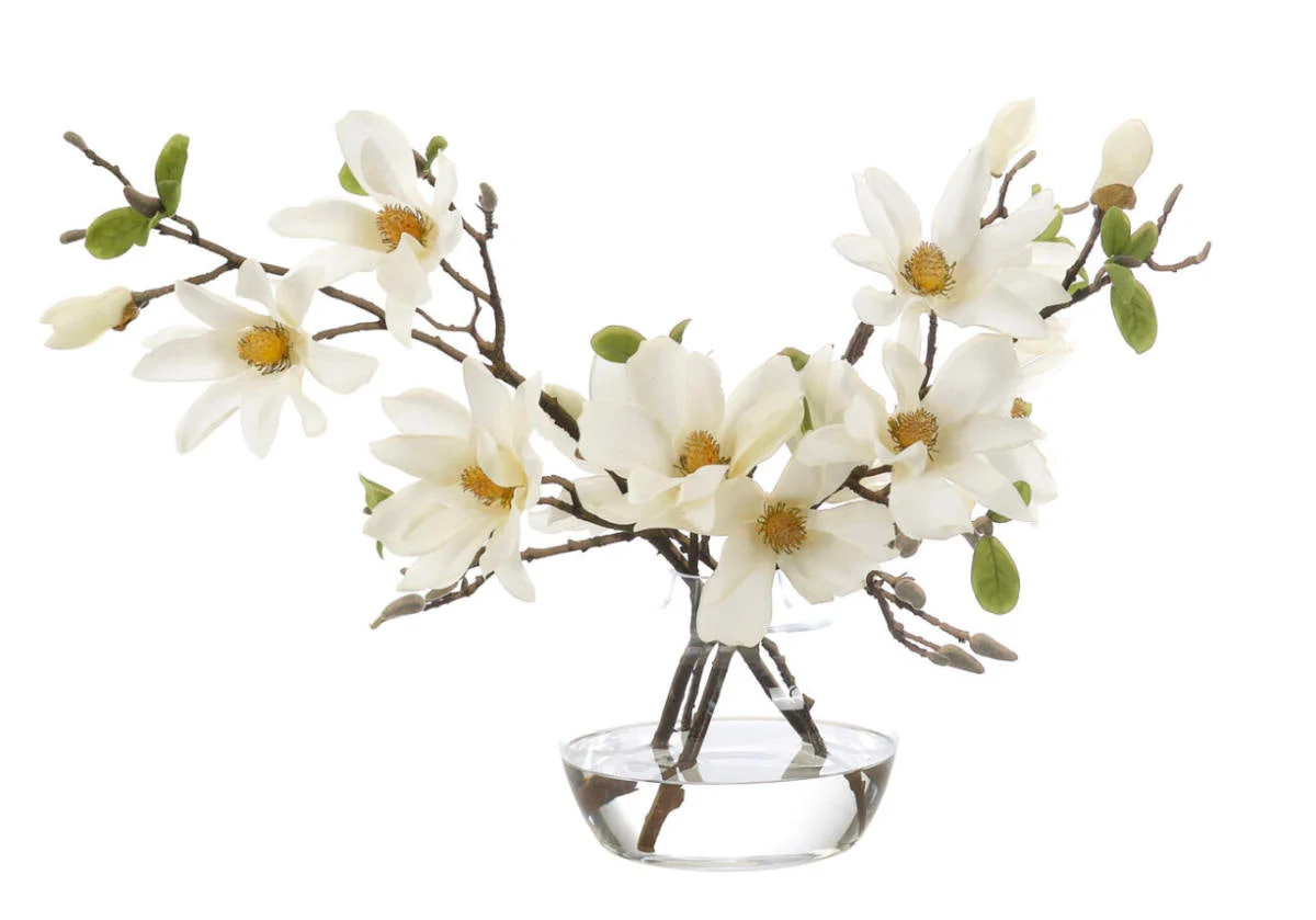 Natural Synthetic White Magnolia Branch with Clear Glass Vase for Living Room & Entryway