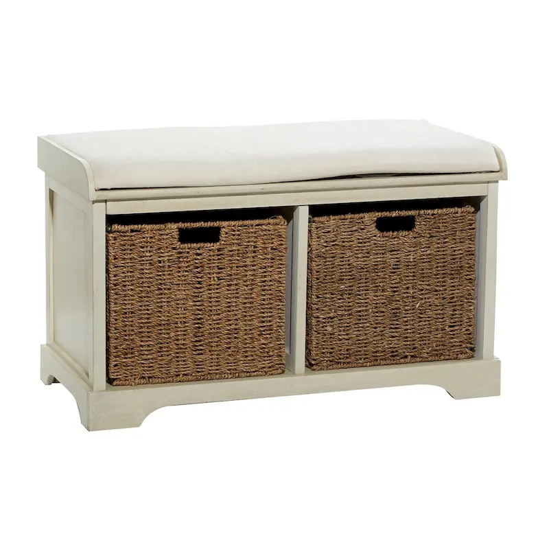 Wood Room Storage Bench with Brown Seagrass Baskets and Cushioned Seat - White