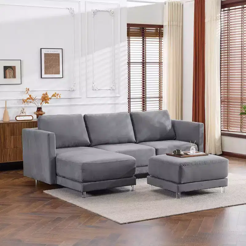 Karl Home |110 in. W Square Arm Suede 3-Seat U-shaped Fluttua Sofa in Brown
