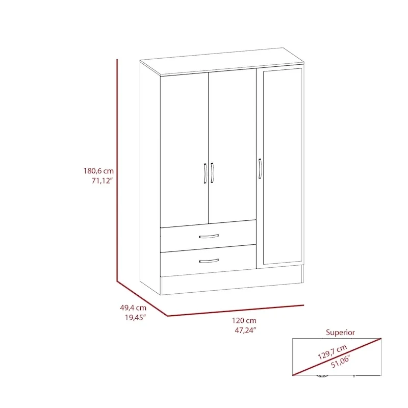 S Mirrored Bedroom Armoire, with Two Cabinets, Two Drawers and Divisions