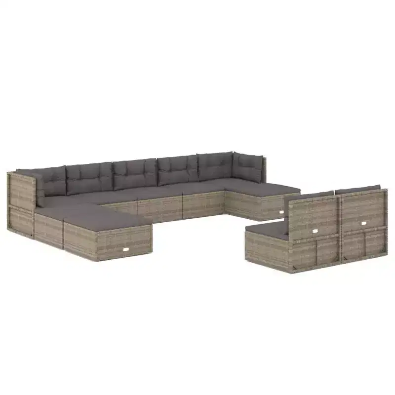 vidaXL 10-Piece Gray Patio Furniture Set  Poly Rattan Loveseat, Sofa Modules & Footstools with Cushions for Garden, Deck or Outdoor Lounge