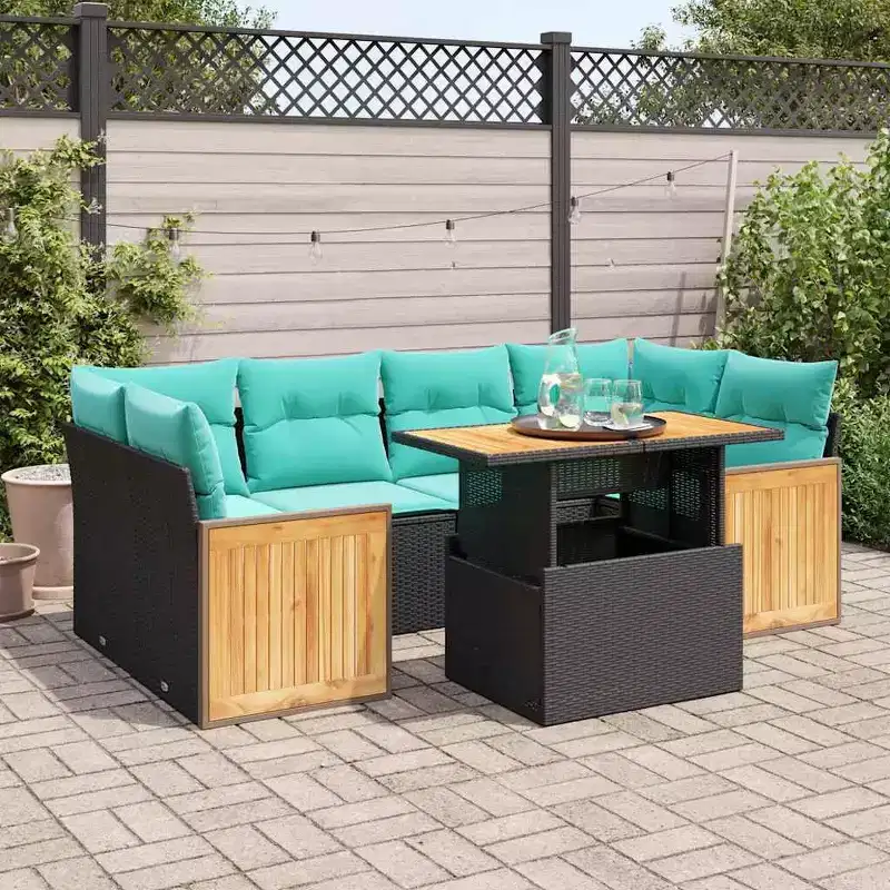 vidaXL 7 Piece Patio Sofa Set with Cushions Poly Rattan, Modular Outdoor Sectional, Adjustable Table