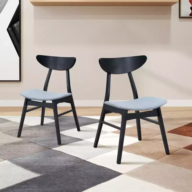 Set of 2 Upholstered Dining Chairs Wooden Armless Chairs with Solid Rubberwood Frame, Black/Walnut/Oak
