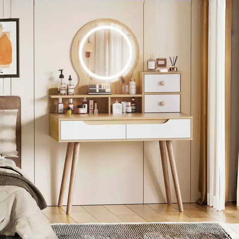 JVNOXK Vanity Dressing Table with 3 Height-Adjustable Lighted Mirrors and Solid Wood Legs, Featuring 4 Drawers and 3 Open Storage Shelves