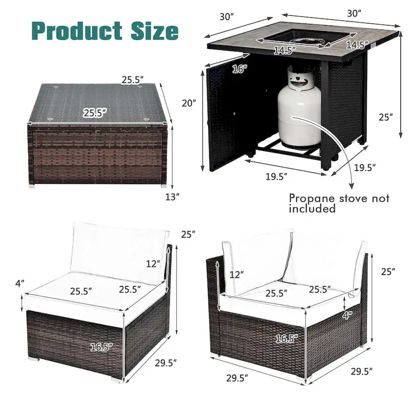 Costway 7PCS Patio Rattan Furniture Set 30 Fire Pit Table Cover - See Details