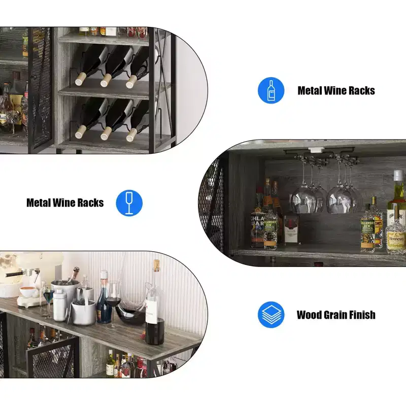 Farmhouse Wine Bar Cabinet, Industrial Coffee Bar Sideboard with Wine Rack and Glass Holder