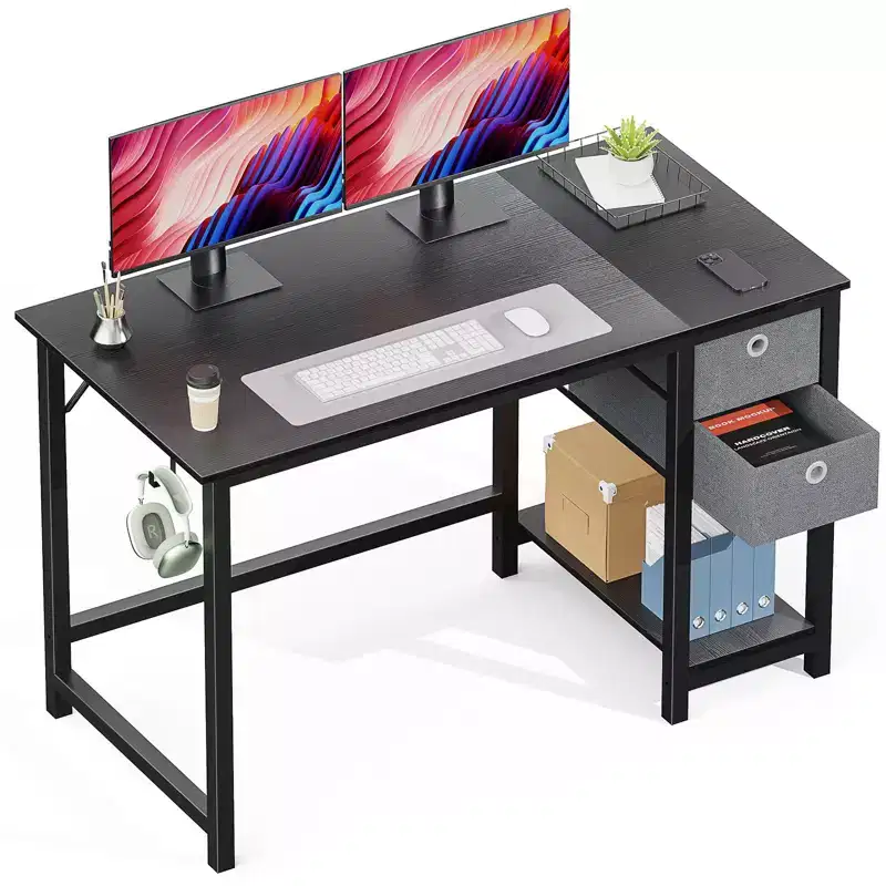 Black Rectangle Writing Desk, 2-Tier Drawers, 1-Person, 55
