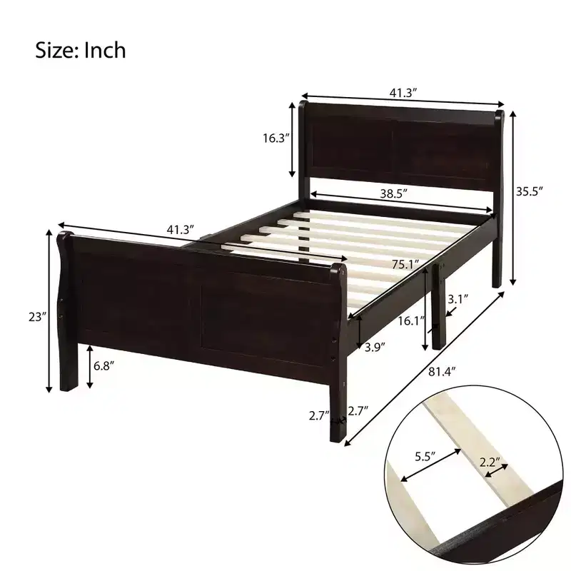 Wood Platform Bed Twin Bed Frame Mattress Foundation Sleigh Bed with Headboard Footboard and Wood Slat Support