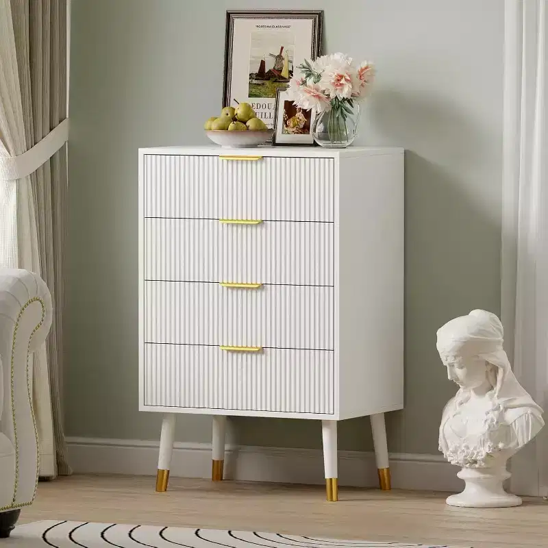 4-Drawer Fluted Dresser with Gold Handles & Metal Legs, Modern Bedroom Chest, Black/White