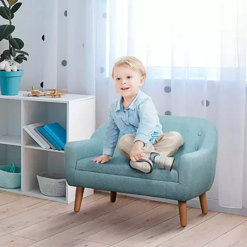 Qaba 2-Seat Kids Sofa Linen Fabric and Wooden Frame Sofa for Kids and Toddlers Ages 3-7, 11 High Seat